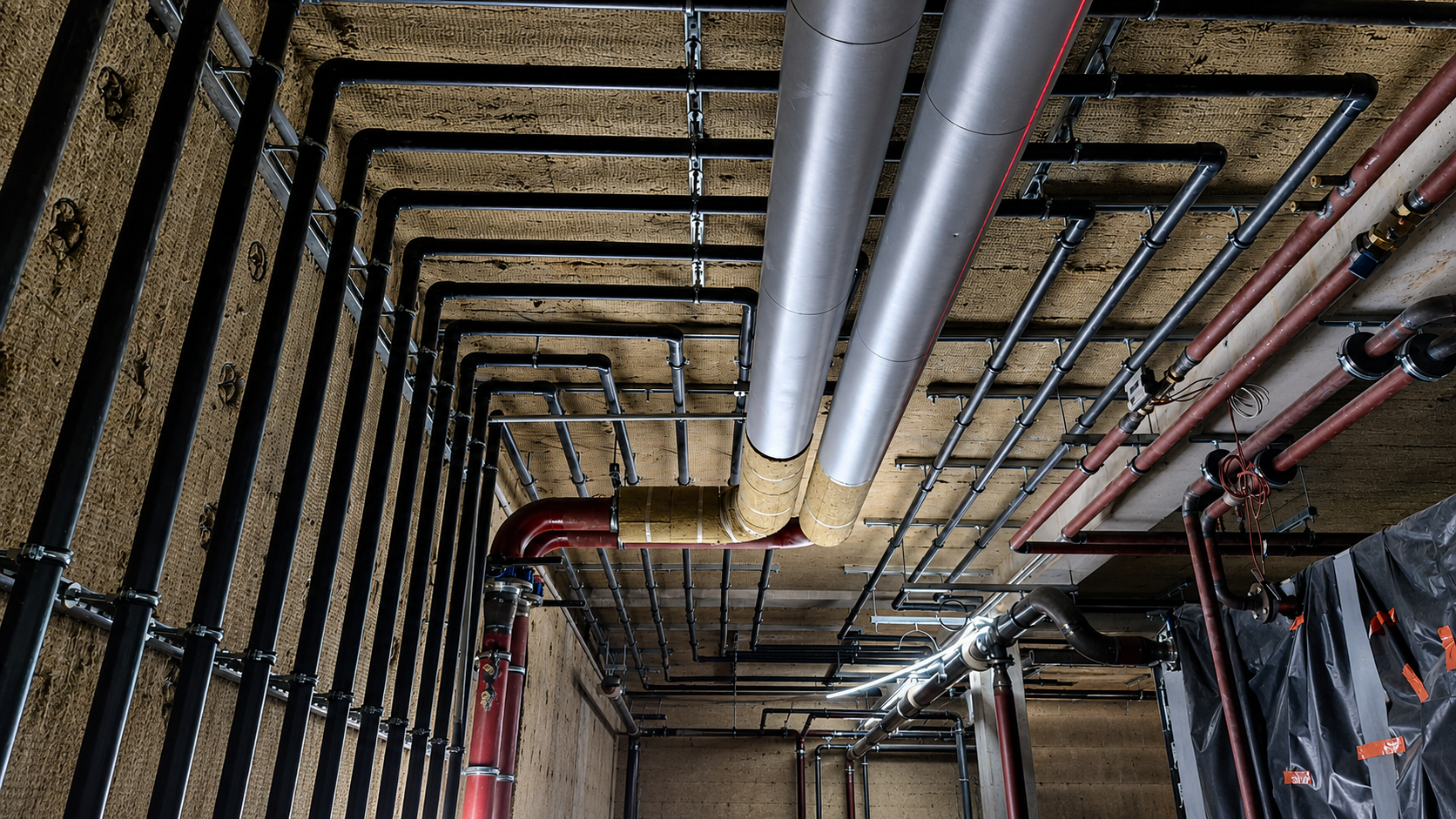 Réseau de tuyauterie PVC et PEHD au plafond